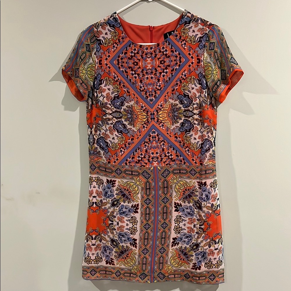 Lulu’s Floral Paisley Short Sleeve Shift Dress in Coral/Blue, Size XS